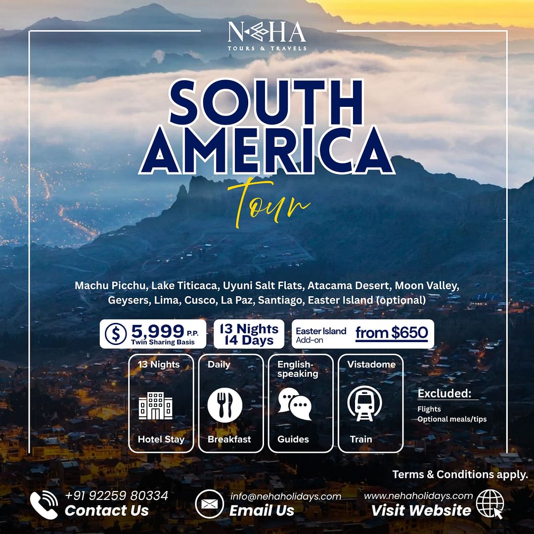 Machu Picchu (7th Wonder of the World) Lake Titicaca & Uros Floating Islands Uyuni Salt Flats – surreal salt desert experience Atacama Desert, Moon Valley & Geysers Cultural gems Lima, Cusco, La P